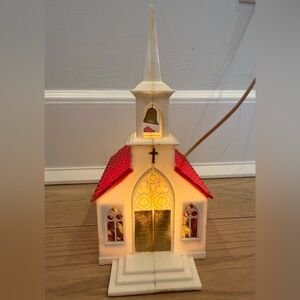 Vintage Glolite illuminated plastic church with red roof,stained windows (1950s)
